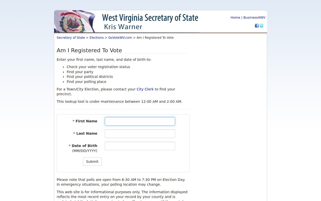 Bridgeport resident lookup using the West Virginia voter registration screen
